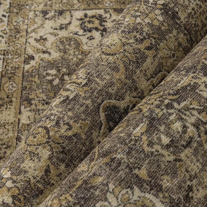 2x6 Brown Washable Vintage Runner Rug for Living Room Bedroom Soft Tranditional Non Slip Runner Area Rug Lightweight Floral Low Pile Distressed Runner Kitchen Hallway Bedroom