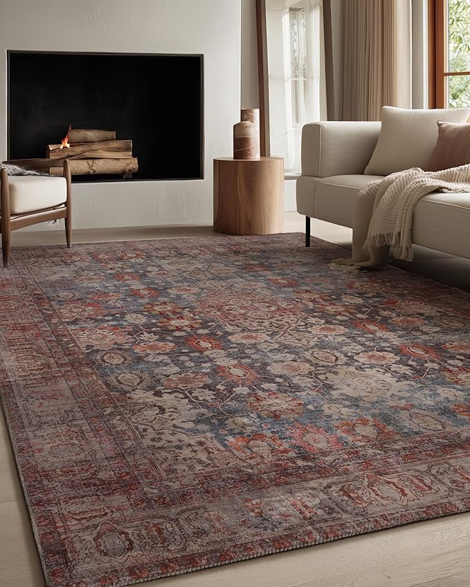 Kuden 8x10 Large Area Rug, Machine Washable Area Rug with Non-Slip Backing, Vintage Style, Soft, Easy Clean, Low Pile Rug for Living Room, Bedroom, Dining Room