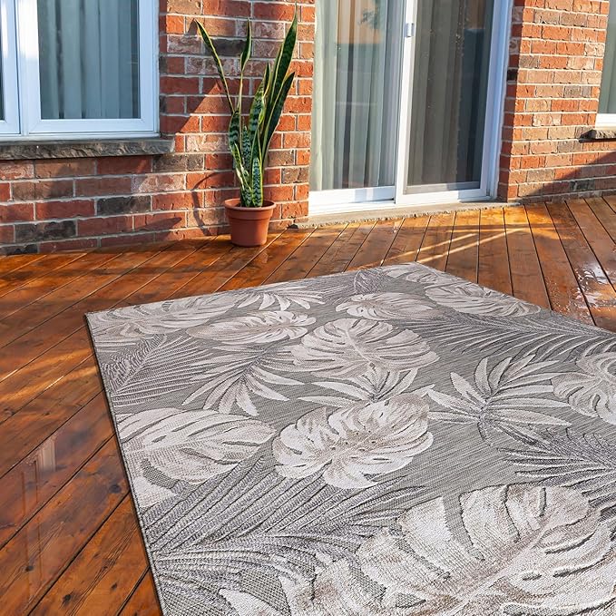 CAMILSON Indoor Outdoor Rug, Beige 5x7 Leaf Tropical Botanical Area Rugs for Indoor and Outdoor patios, Easy-Cleaning Non-Shedding Living Room, Garden and Kitchen Washable Outside Carpet (5 x 7)