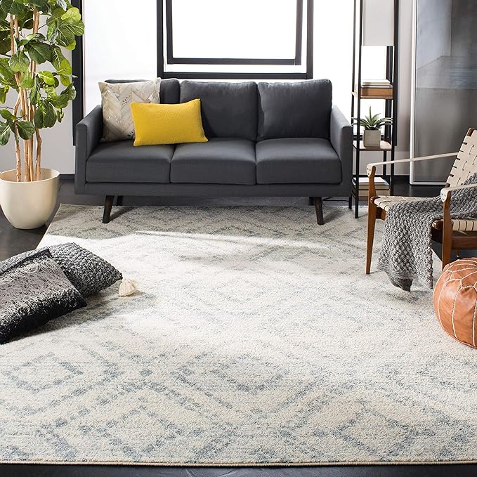 SAFAVIEH Adirondack Collection Area Rug - 6' Square, Ivory & Light Blue, Modern Diamond Distressed Design, Non-Shedding & Easy Care, Ideal for High Traffic Areas in Living Room, Bedroom (ADR131T)