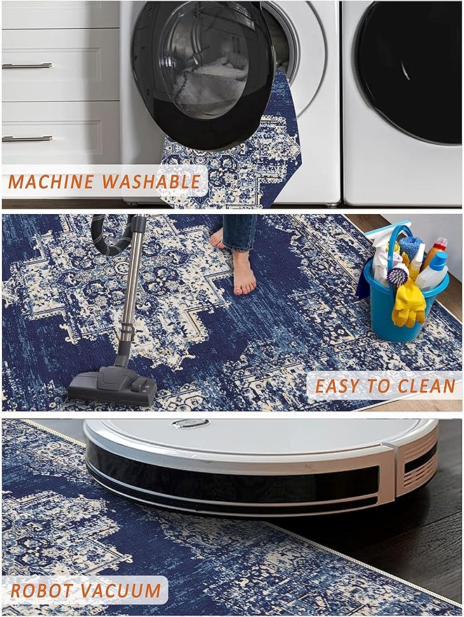 vivorug Runner Rug 2x10 Machine Washable Rug with Non-Slip Backing, Ideal for Kitchen Hallway Entryway Laundry Room - Vintage-Inspired, Durable, Easy Clean, Low Pile Carpet Runner, Navy Blue