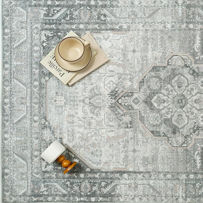 6x9 Grey Washable Vintage Area Rug for Living Room Bedroom Non Slip Distressed Traditional Soft Large Throw Rug Low Pile Lightweight Floral Carpet Office Indoor Playroom Dining Room
