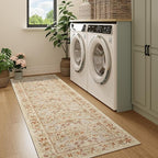 DUKINO 2x6 Runner Rug for Hallway, Washable Vintage Floral Kitchen Rug with Non Slip Backing, Soft Low Pile Throw Carpet Runner for Kitchen, Laundry, Hallway, Bathroom, Beige