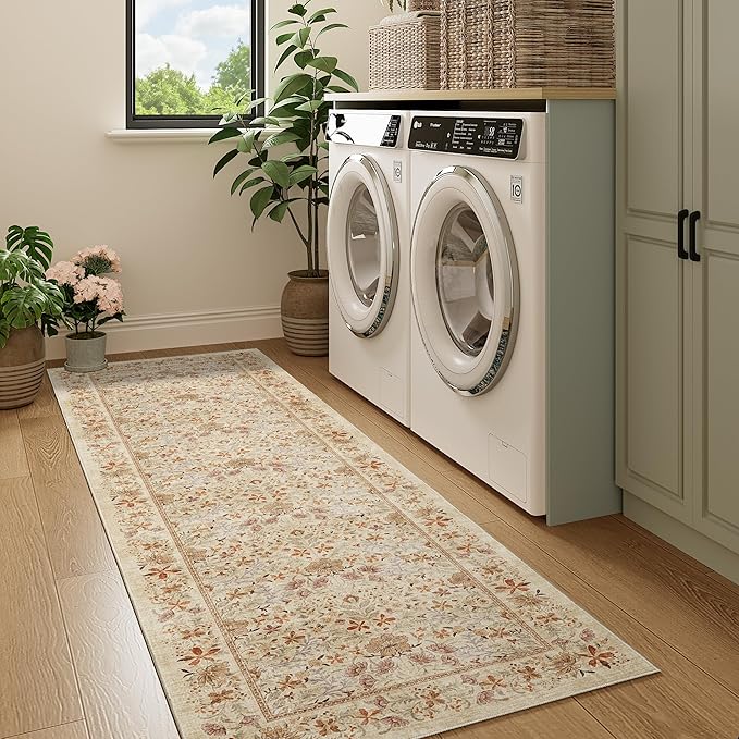 DUKINO 2x6 Runner Rug for Hallway, Washable Vintage Floral Kitchen Rug with Non Slip Backing, Soft Low Pile Throw Carpet Runner for Kitchen, Laundry, Hallway, Bathroom, Beige