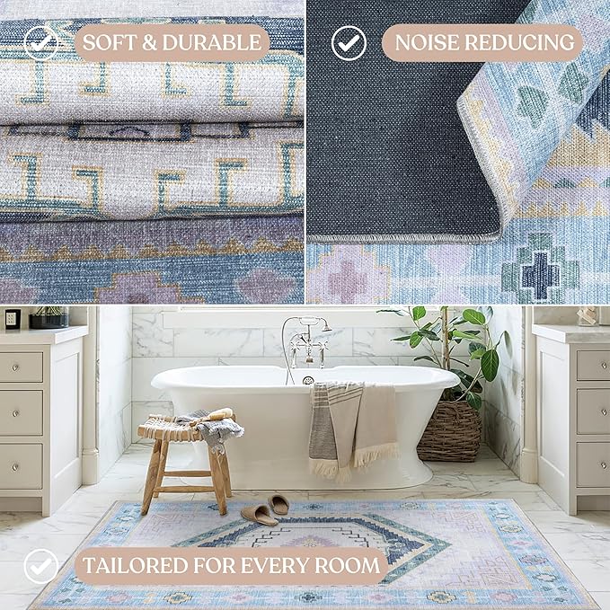 Fame Living Washable Area Rug. Modern Farmhouse. Vintage. Turkish. Bohemian. Distressed. Oriental. Traditional. Rugs for Living Room. Dining. Bedroom. Office. Entryway. Foyer. (856PBl, 2' x 3')
