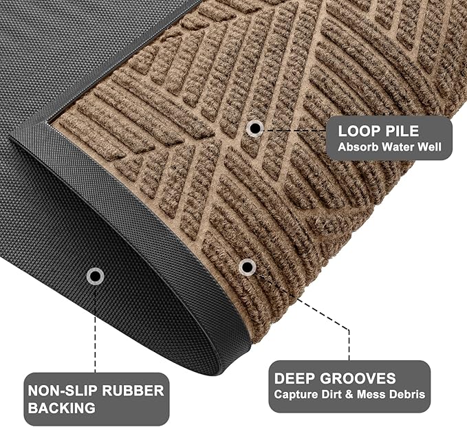 Kitinjoy Front Door Mat Outside Entrance, Sturdy Natural Dirt Trapper, Heavy Duty Rubber Doormat, Low Profile Non-Slip Backing, Easy Clean Floor Mat for Indoor Outdoor Entry, 29.5X17 Inch, Coffee