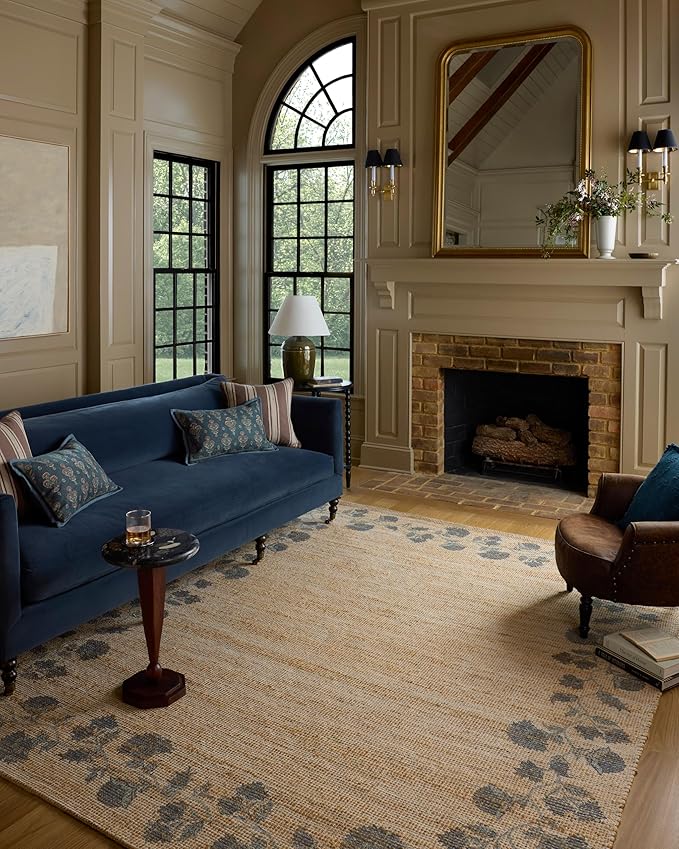 Loloi Chris Loves Julia Rue Collection RUE-05 Natural/Denim 3'-6" x 5'-6" Accent Rug Jute Neutral Floral Living Room Bedroom Rug