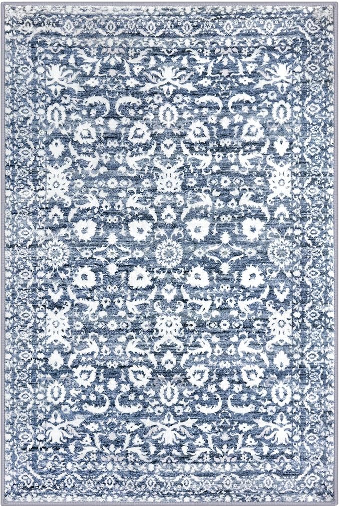 Vintage 4x6 Living Room Washable Rug, Light Blue White Non-Slip Soft Bedroom Area Rug Thin Printed Faux Wool Floor Super Soft Carpet Throw Rugs for Nursery Playroom Dining Room Office