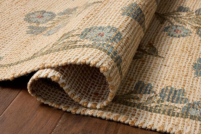 Loloi Chris Loves Julia Rue Collection RUE-04 Moss/Blue 3'-6" x 5'-6" Accent Rug Jute Neutral Floral Living Room Bedroom Rug