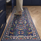 Rugcomf Round Rug 4ft Washable Circle Rug Floral Non Slip Low Pile Small Circular Rug for Bedroom, Bathroom, Entryway, Kids Room, Office(Blue)