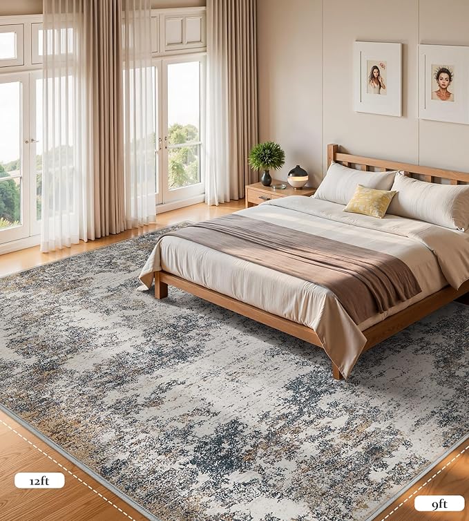 Area Rugs 9x12 Living Room - Modern Abstract Large Rugs for Living Room Non-Slip Low Pile Soft Machine Washable Carpet for Bedroom, Under Dining Table, Nursery, Farmhouse (9'x12' Tan Blue)