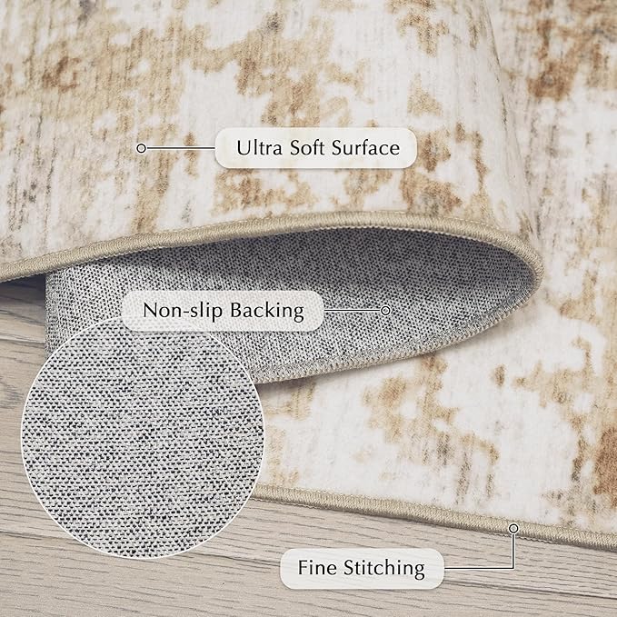FMFUNCTEX 2x6 Runner Rug Washable Brown Grey Modern Abstract Neutral Non Slip Low Pile Entryway Hallway Soft Indoor Carpet for Kitchen Bedroom Bathroom Laundry Entrance Bedside Living Room, Grey Gold