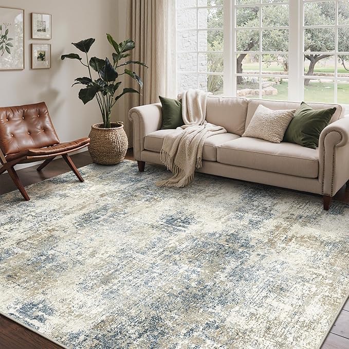 Bavni 6x9 Area Rugs Machine Washable Rug for Living Room, Modern Printed Rug Indoor Soft Area Rug for Bedroom Dining Room, Ultra-Thin Low Pile Carpet with Non Slip Rubber Backing, Gray Beige Blue