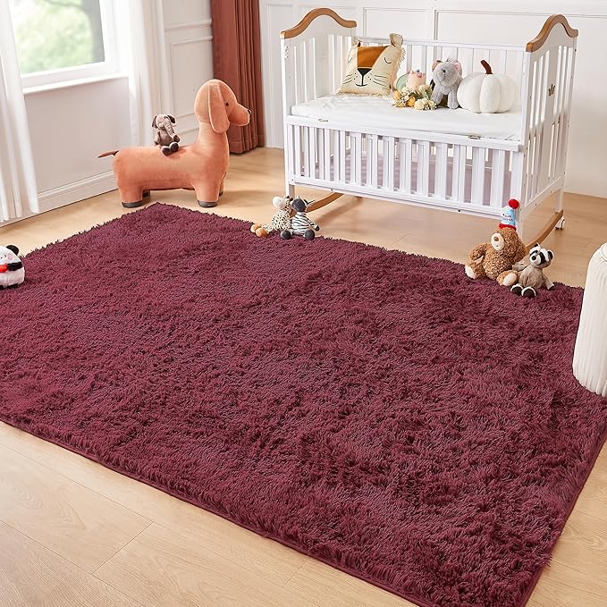Andency Burgundy Soft Area Rugs for Living Room Bedroom, 5x8 Fluffy Shaggy Bedside Rug, Non-Slip Large Shag Fuzzy Plush Carpets for Bedroom Kids Dorm Nursery Home Decor Aesthetic