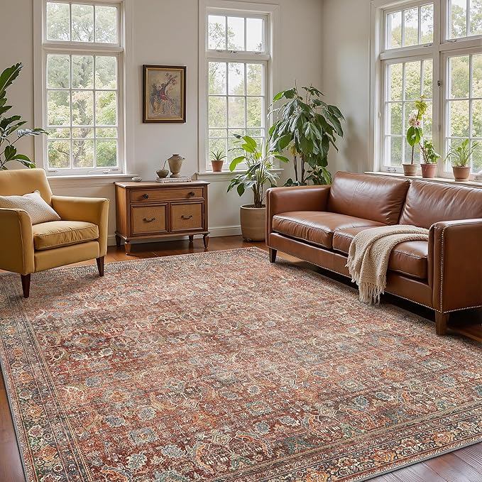 10x14 Area Rug Machine Washable Boho Rug for Living Room,Ultra-Thin Low Pile Carpet,Lightweight Indoor Printed Rug,Non Slip Floral Area Rug for Bedroom, Dining Room, Home Office,Terracotta/Indigo