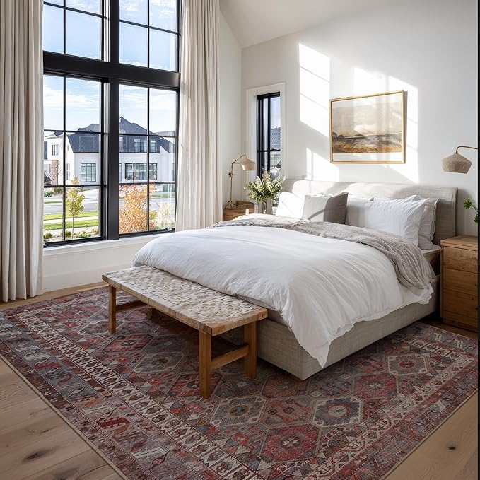 Kuden 9x12 Large Area Rug, Machine Washable Area Rug with Non-Slip Backing, Vintage Style, Soft, Easy Clean, Low Pile Rug for Living Room, Bedroom, Dining Room