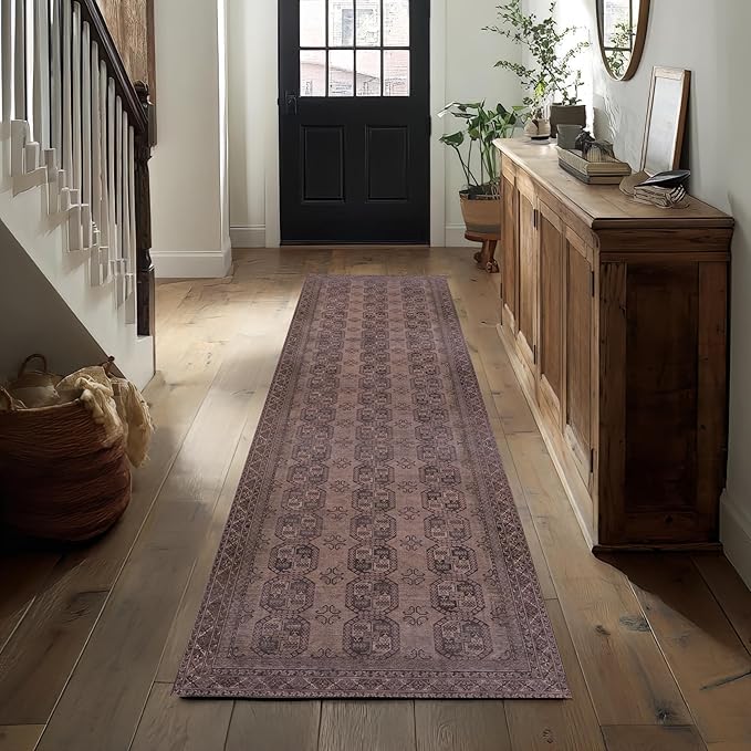 Kuden 2'6"x7' Runner Rug, Machine Washable Area Rug with Non-Slip Backing, Vintage Style, Soft, Easy Clean, Low Pile Rug for Hallway, Entryway, Kitchen, Bedroom