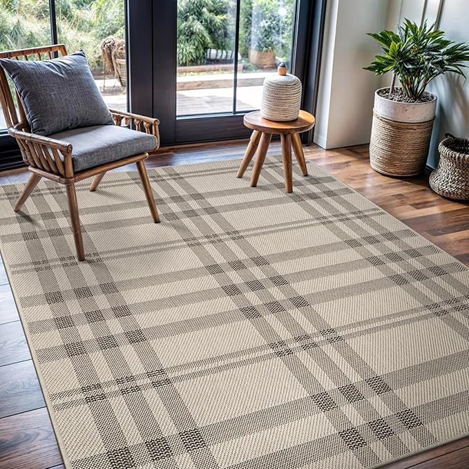 CAMILSON Easy Jute Rug 5x7, Indoor Outdoor Off-White Color Fiber Area Rugs for Living Room Patio and Kitchen Rug Checkred Boho Woven Design, Easy-Cleaning, Washable Outside Carpet (5 x 7)