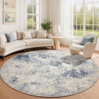 6ft Washable Round Rug - 6x6 Area Rugs Modern Abstract Rugs for Living Room Non-Slip Low Pile Soft Machine Washable Carpet for Bedroom, Living Room, Dining Room, Nursery, Farmhouse (6'x6' Beige Blue)