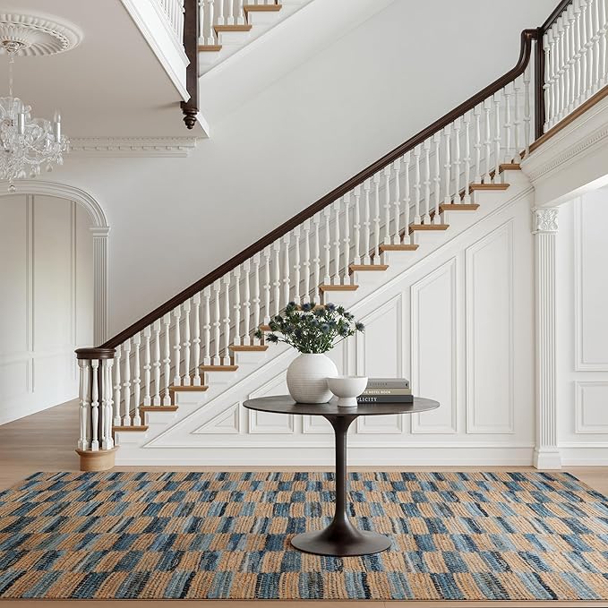 Dash & Albert Ravel Stripe Blue Machine Washable Rug, 4 X 6 Feet, Tan/Blue Stripe Pattern