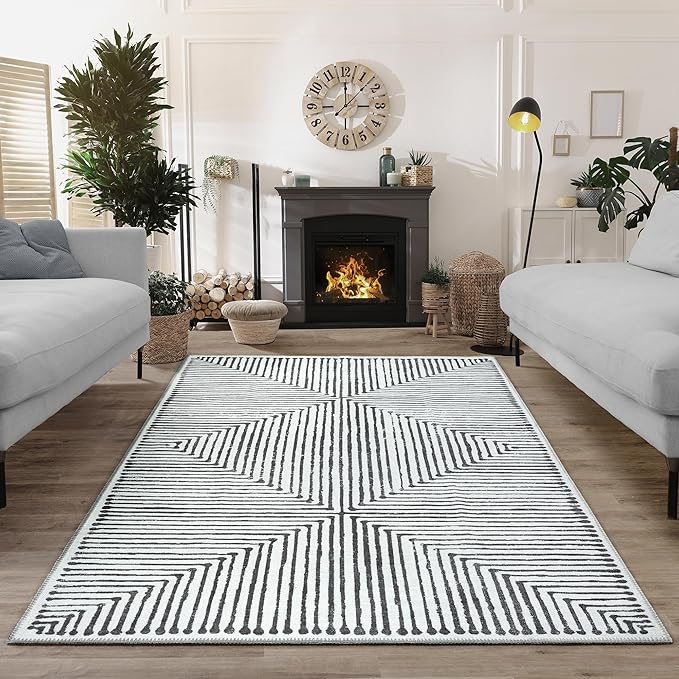 Bloom Rugs Washable Non-Slip 6' x 9' Rug - Black/Ivory Striped Area Rug for Living Room, Bedroom, Dining Room, and Kitchen - Exact Size: 6' x 9'