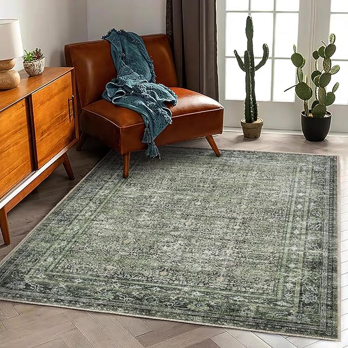 Washable Area Rug 4'x6' Traditional Floor Cover Foldable Thin Rugs Retro Kitchen Indoor Distressed Non Slip Carpet Floral Print Mat Bedroom Living Room
