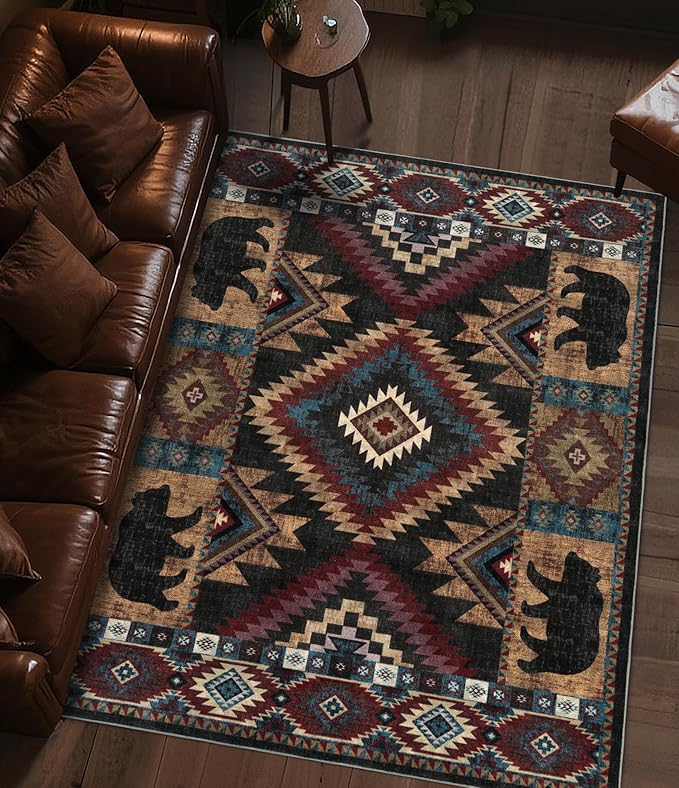 YIHOUSE Rustic Cabin Area Rug for Bedroom 6x9,Machine Washable Lodge Bear Rug,Non-Slip Low Pile Print Pattern Western Rug for Living Room