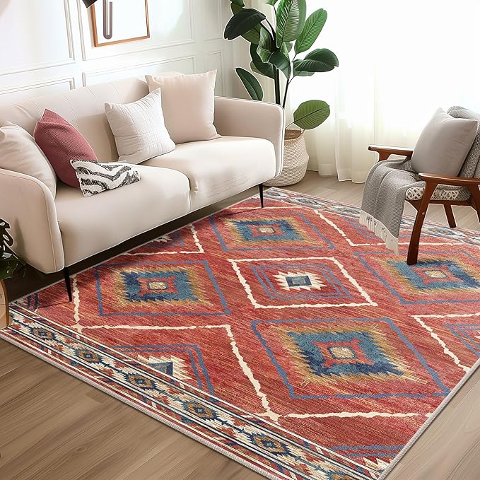 Area Rug 6x6 Rug Machine Washable Non-Slip Low Pile Print Pattern Western Rug for Living Room Bedroom Entryway Tribal Series -Red/Orange