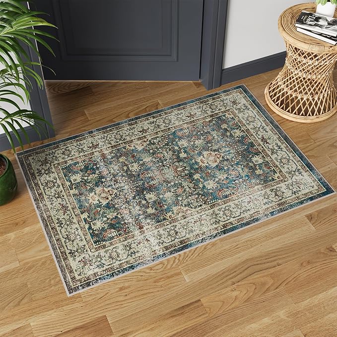 Dripex Vintage Collection Washable Area Rug - 2x3 Door Mat Small Entryway Rug Distressed Non-Slip Low-Pile Floor Carpet for Indoor Front Entrance Kitchen Bathroom Living Room Bedroom