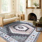 Fame Living Washable Area Rug. Modern Farmhouse. Vintage. Turkish. Bohemian. Distressed. Oriental. Traditional. Rugs for Living Room. Dining. Bedroom. Office. Entryway. Foyer. (856BlckGry, 9' x 12')