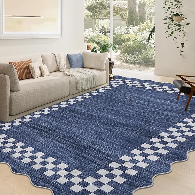 GarveeHome Washable Rug 5x7 for Living Room Large Bedroom Scalloped Rug Non Slip Stain Resistant Modern Border Throw Carpet Soft Boho Rug for Dining Room Nursery Home Office, Blue