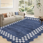GarveeHome 4x6 Area Rug Small Washable Living Room Rug Scalloped Rug with Rubber Backing Stain Resistant Low Pile Dining Room Throw Carpet Modern Bordered Mat for Bedroom Kitchen, Blue