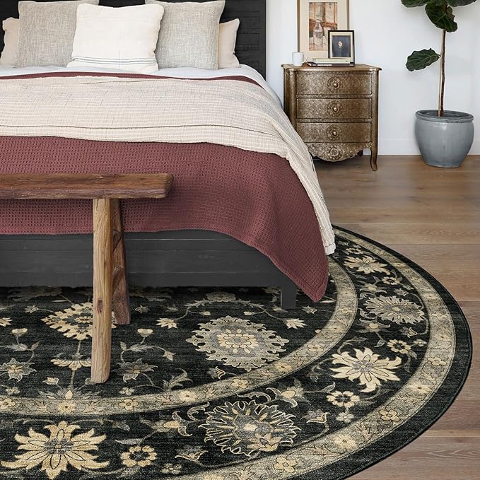 Washable Round Area Rug 6ft - Charcoal Black Traditional Floral Living Room Circle Rug Non-Slip Farmhouse Dining Room Carpet Soft Vintage Boho Round Rugs for Bedroom Office Entryway