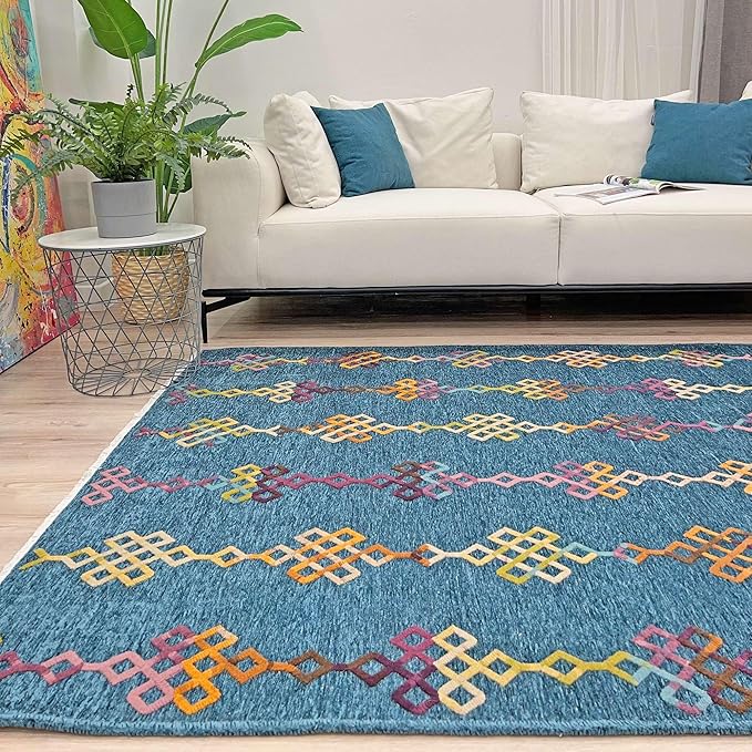 Alfa Rich 4x6 Moroccan Blue Washable Area Rugs for Living Room Bedroom Kitchen Decor Cotton Rug