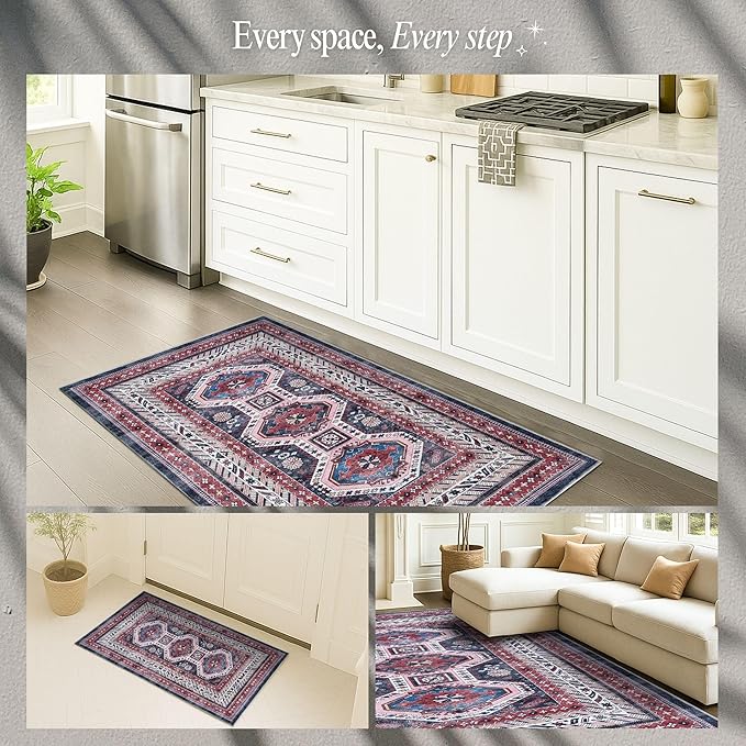 Fame Rugs Turkish Rug. Washable Vintage Oriental Antique Inspired Traditional Doormat Small Modern Area Rugs Luxury Entryway Entry Bedroom Bathroom Kitchen (400RN, 2'5 x 5')
