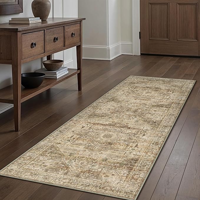Brown Multi Hallway Runner Rug 2x5 Vintage Washable Distressed Area Carpet Kitchen Indoor Non Slip Traditional Medallion Retro Accent Throw Rug for Bedroom Laundry Office Dining Living Room