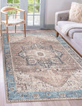 GLN Rugs Traditional Collection - Machine Washable Area Rug, Traditional Washable, Non Slip, Low Pile Chenille Rug, Living Room, Bedroom, Kitchen Rug (8' x 10' Brown/Blue)