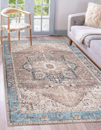 GLN Rugs Traditional Collection - Machine Washable Area Rug, Traditional Washable, Non Slip, Low Pile Chenille Rug, Living Room, Bedroom, Kitchen Rug (8' x 10' Brown/Blue)