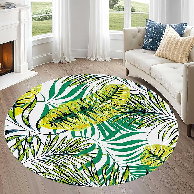 Tropical Round Rug 4ft, Watercolor Palm Leaves Pattern Low Pile Circle Carpet, Non-Slip Washable & Non-Shedding Indoor Mat for Bedroom, Entrance, Office Decor