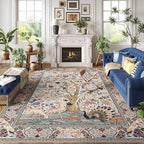 Rugcomf Area Rugs 5x7 Vibrant Tree of Life-Patterned Vintage Washable Area Rug Non Slip Low Pile Large Rugs for Living Room Bedroom Farmhouse Dining Room Kids Playroom, Beige