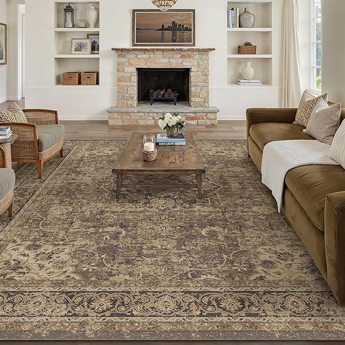 8x10 Brown Washable Vintage Area Rug for Living Room Bedroom Soft Tranditional Non Slip Large Throw Rug Lightweight Floral Low Pile Distressed Carpet Office Playroom Dining Room