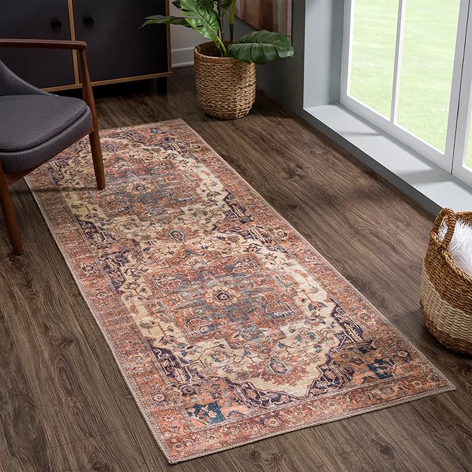 Bloom Rugs Washable 10 ft Runner - Beige/Terracotta Traditional Runner for Entryway, Hallway, Bathroom, and Kitchen - Exact Size: 2.5' x 10'