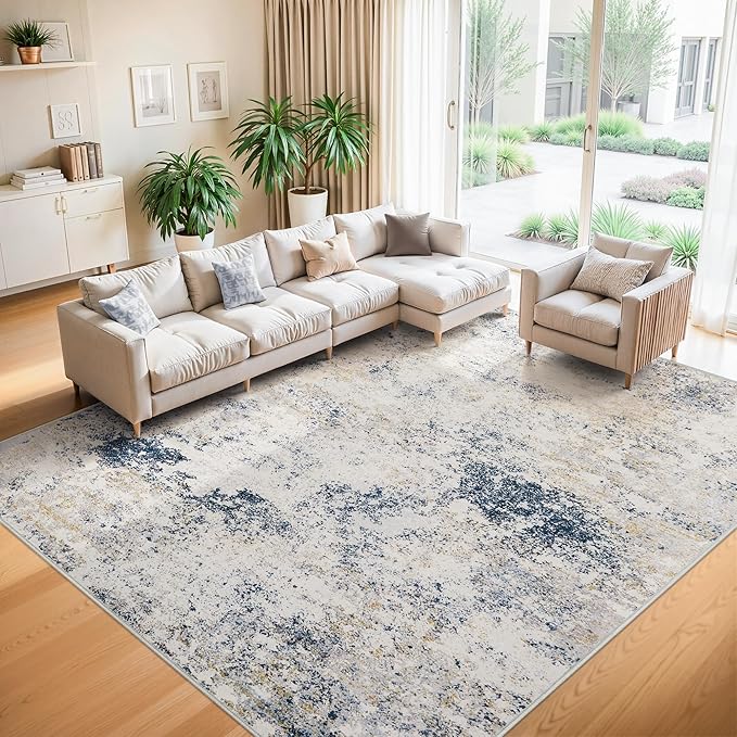 8x10 Area Rugs Machine Washable - Modern Abstract Large Rugs for Living Room Soft Anti-Skid Thin Carpet for Bedroom, Under Dining Table, Nursery, Farmhouse,Home Office (8'x10' Beige Blue)