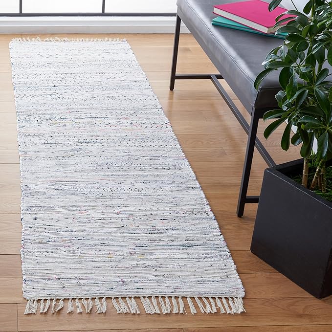 SAFAVIEH Rag Rug Collection Runner Rug - 2'3" x 9', Ivory & Multi, Handmade Boho Stripe Cotton, Ideal for High Traffic Areas in Living Room, Bedroom (RAR121G)