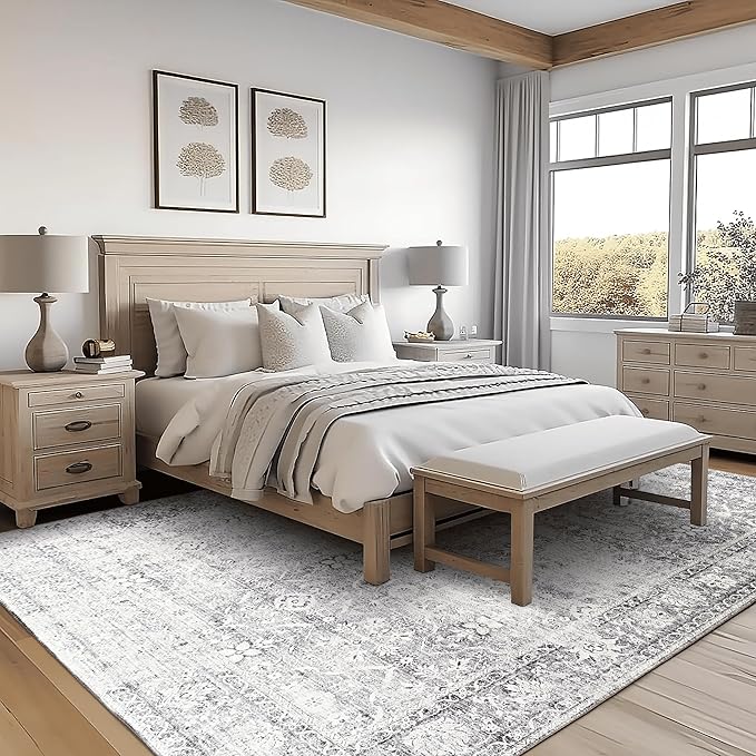 ReaLife Rugs Machine Washable Area Rug - Living Room Bedroom Bathroom Kitchen Entryway Office - Padded Low Pile Stain Resistant Premium - Boho Farmhouse Vintage - Noor - Silver Ivory 5' x 7'