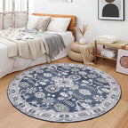 VK VK·LIVING Round Washable Rug 5'Ft Vintage Machine Washable Area Rugs with Non Slip Round Rugs for Living Room Bedroom Traditional Woven Carpet Stain Resistant Dining Home Office Boho Rug (Navy)