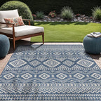 Beverly Rug Waikiki Boho Indoor Outdoor Rug 8x10, Washable Outside Carpet for Patio, Deck, Porch, Bohemian Area Rug, Farmhouse Rugs, Aztec Tribal Rug, Azure and White