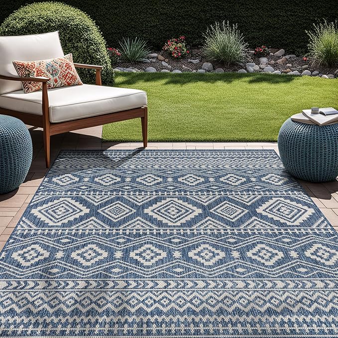 Beverly Rug Waikiki Boho Indoor Outdoor Rug 5x7, Washable Outside Carpet for Patio, Deck, Porch, Bohemian Area Rug, Farmhouse Rugs, Aztec Tribal Rug, Azure and White