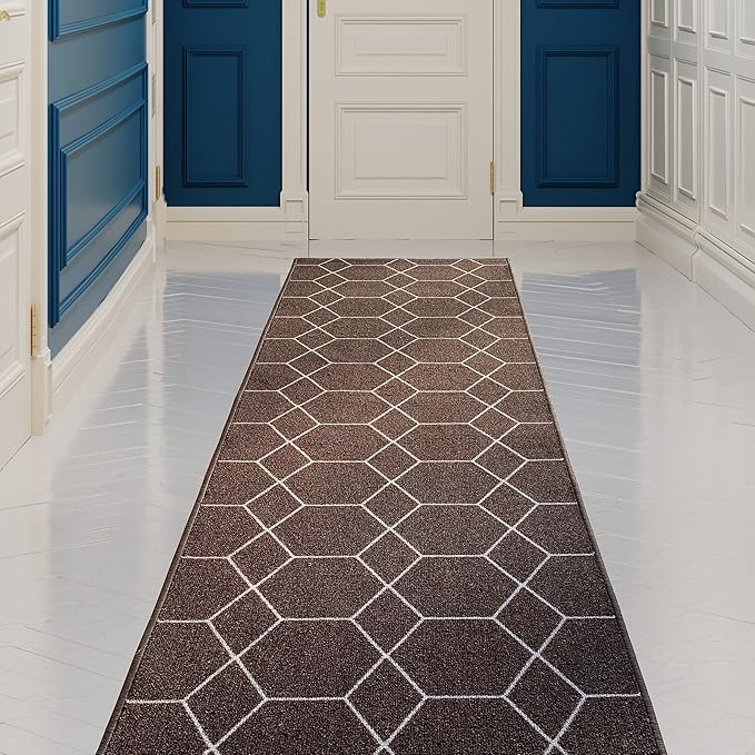 Custom Made Runner Rug for Kitchen Foyer Hallway Entry Choose Your Length Size 26 Inch Wide Geometric Lattice Design Brown Color (10 feet x 26 inch)