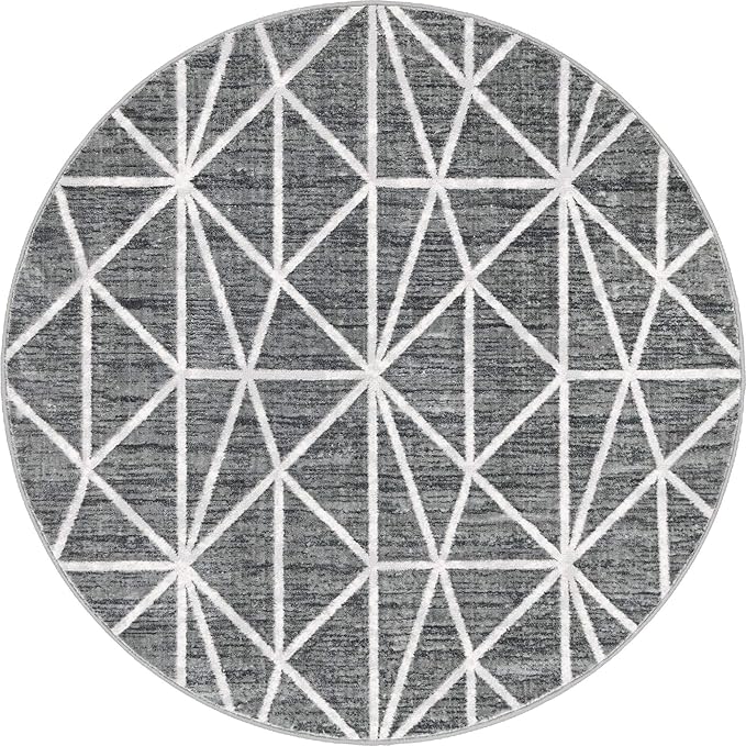 Rugs.com Lattice Trellis Collection Rug – 5 Ft Round Gray Low-Pile Rug Perfect for Kitchens, Dining Rooms